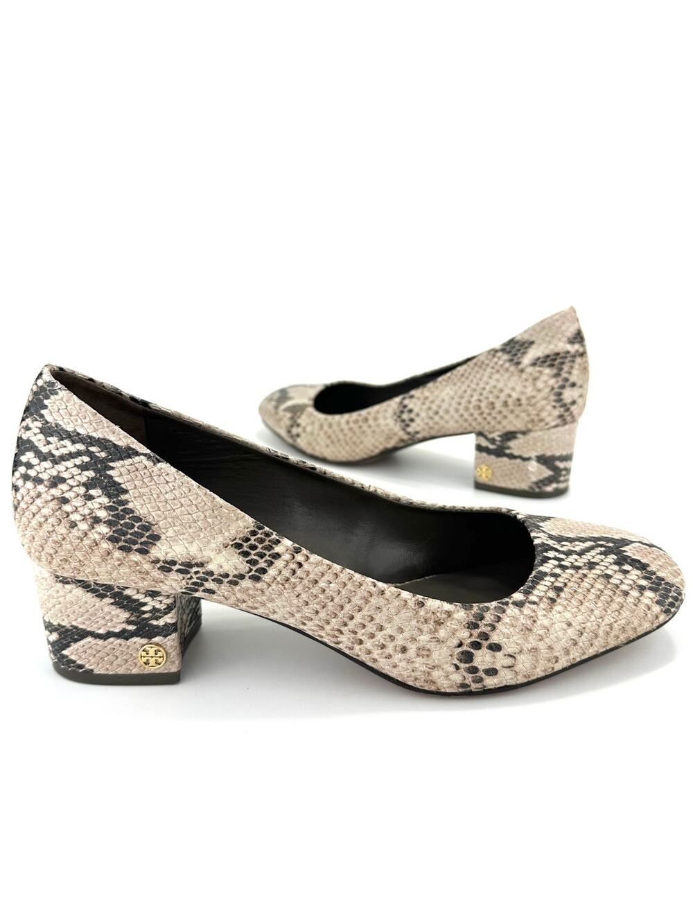 Tory Burch Block Heel Pump Sz 10M Tan Brown Snake Print Leather Closed Round Toe